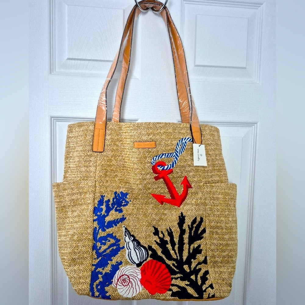 Vera Bradley North South Straw Beach Tote with Nautical Design Shells NWT